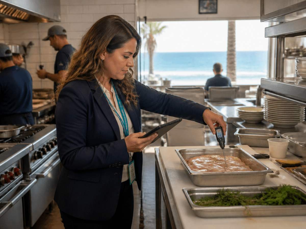 California environmental health specialist conducting a commercial kitchen inspection.